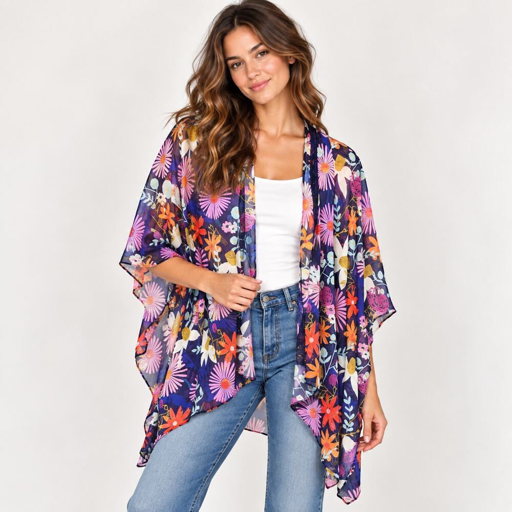 Simply Noelle Kimono Colorful Floral Violet Crochet Lace Trim Size OS Boho Beach